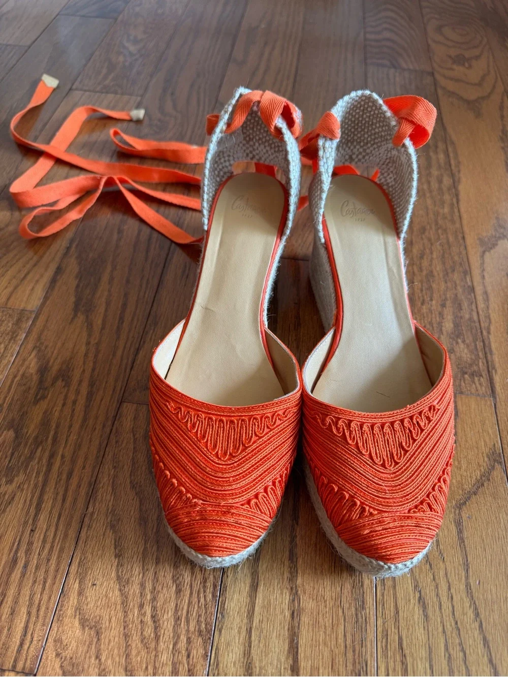 Castañer Carina Orange Embroidered Lace Up Wedge Espadrilles NWOT